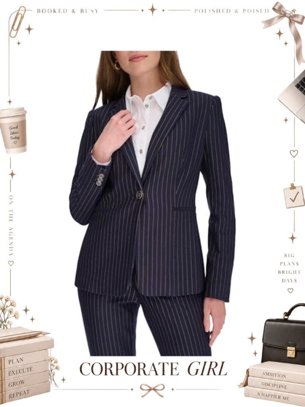 Pinstripe Puff Sleeve Blazer Slim Fit Business Casual Work Jacket